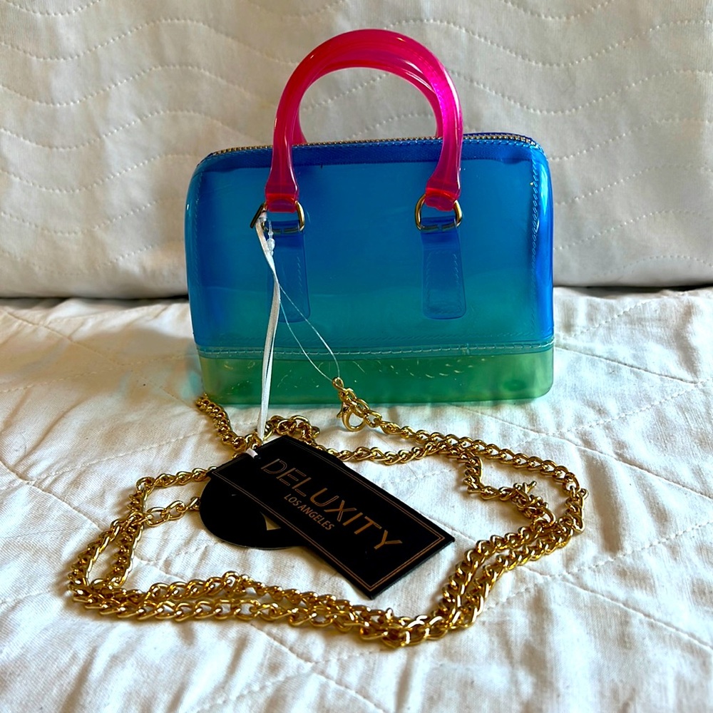 Deluxity Los Angeles Transparent Blue,Green and Pink Mini Purse NWT